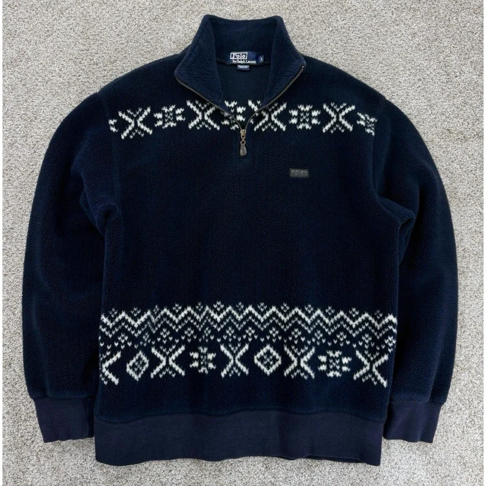 Vintage Polo Ralph Lauren Sweater Mens Large Blue 1/4 Zip Nordic Fair Isle USA